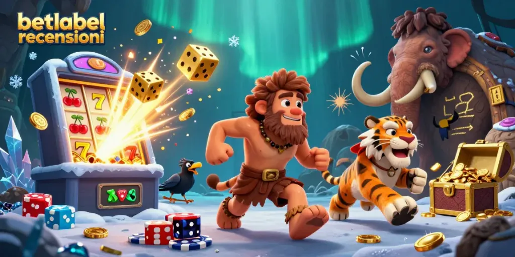 Experience the thrill of betlabel recensioni in this dynamic casino scene with cavemen and exciting gaming elements.