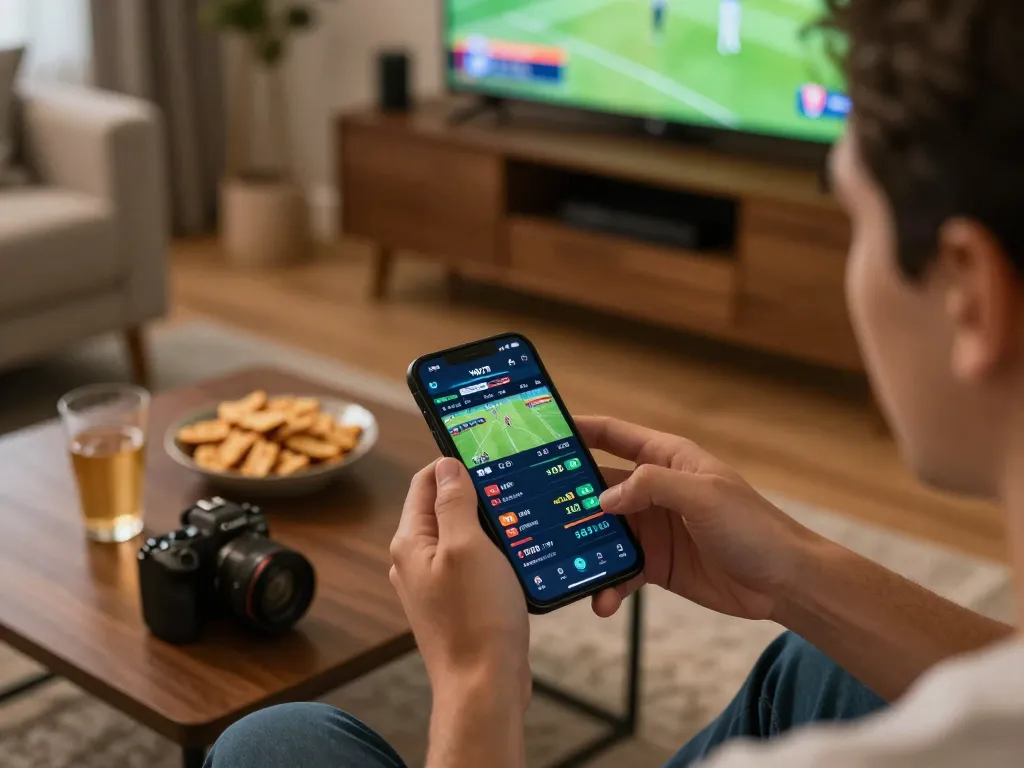 Exciting sports betting on vip79 platform in a cozy living room setting with ambient lighting
