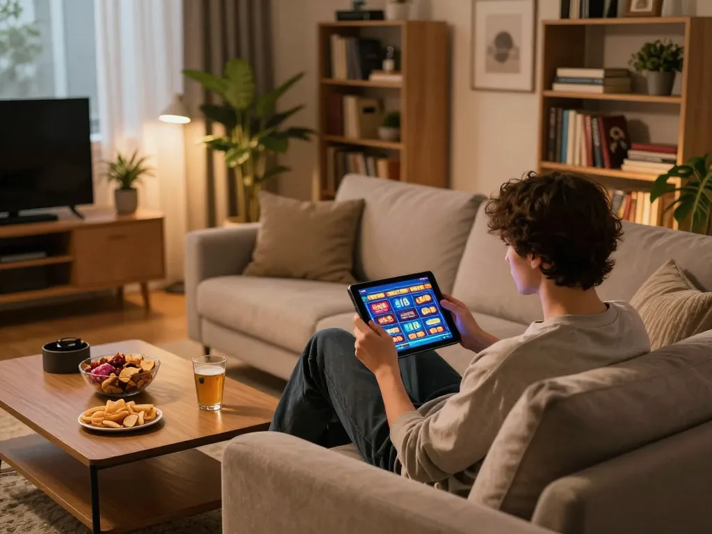 Engaging in online slots at WW88 on tablet in a cozy home setting with snacks.