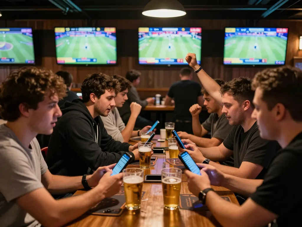 Engaging patrons placing bets at OPEN888 in a vibrant sports bar atmosphere.