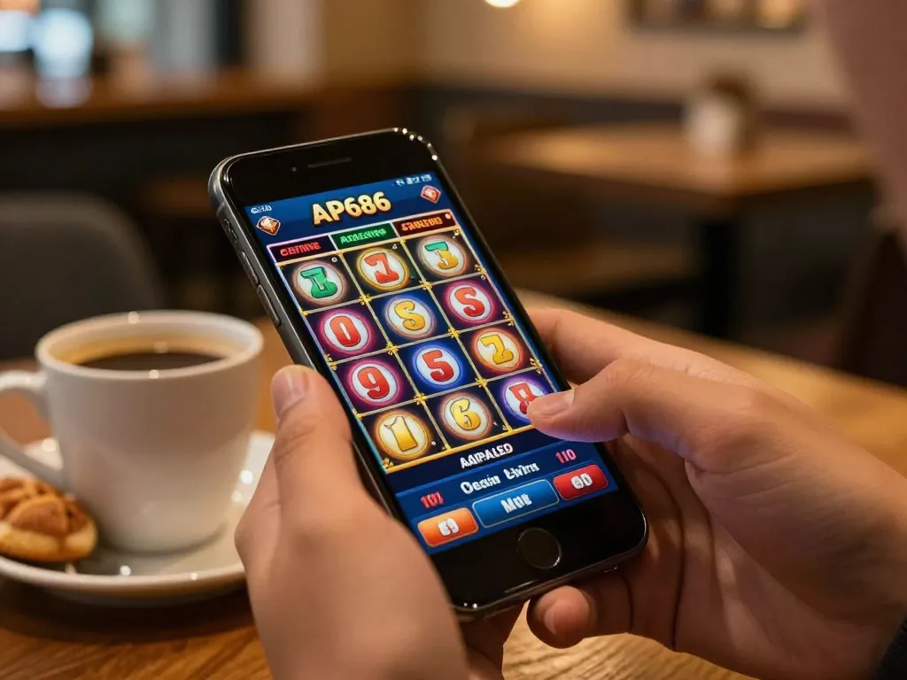 Pemain menikmati aplikasi kasino AP686 di smartphone dalam suasana kafe yang nyaman.