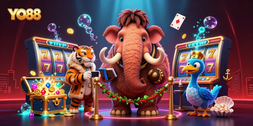 Experience the thrill of YO88 with a vibrant casino scene featuring classic characters and immersive elements.