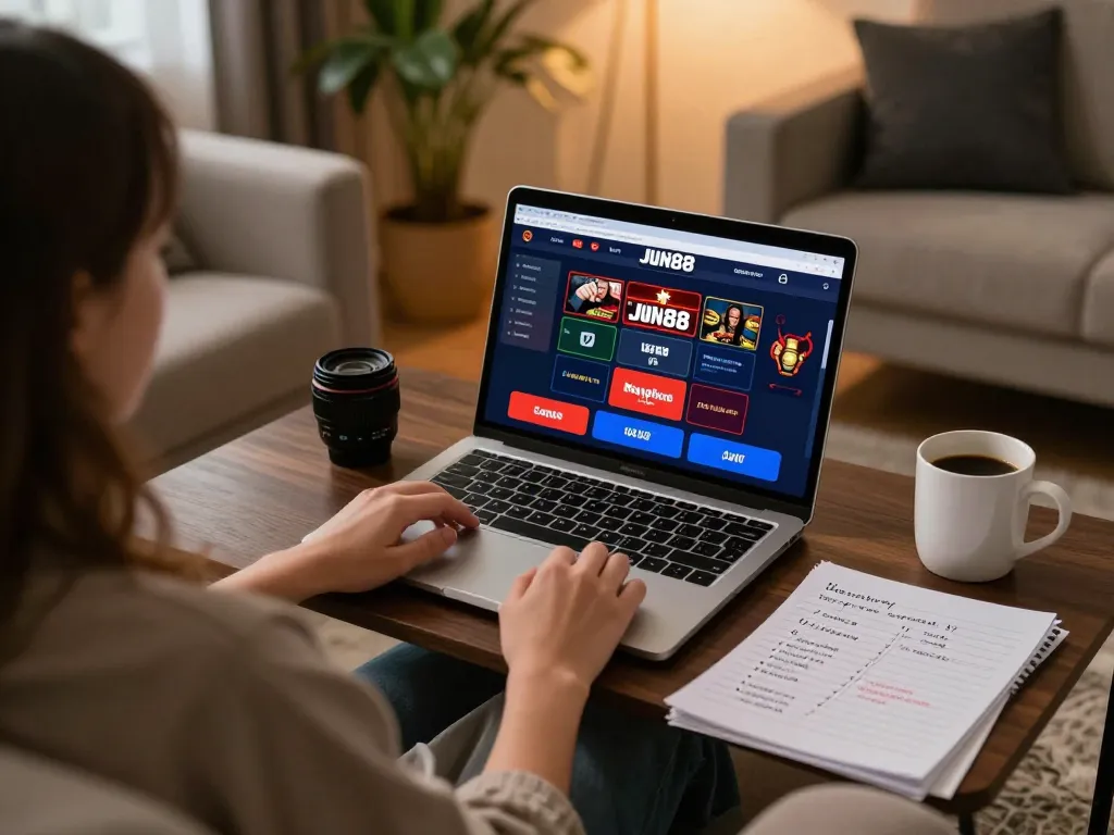 Player engaging with Jun88 casino on a laptop in a cozy home setting.