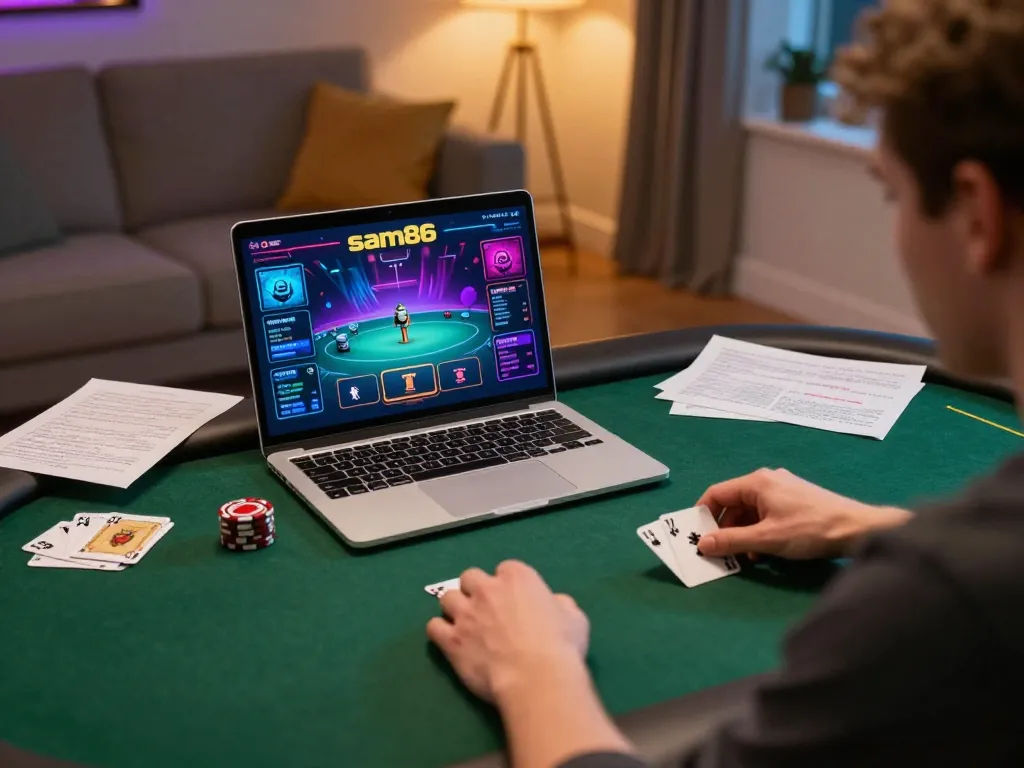 Engaging in a sam86 poker game on a laptop within a cozy home gaming setup featuring colorful graphics.
