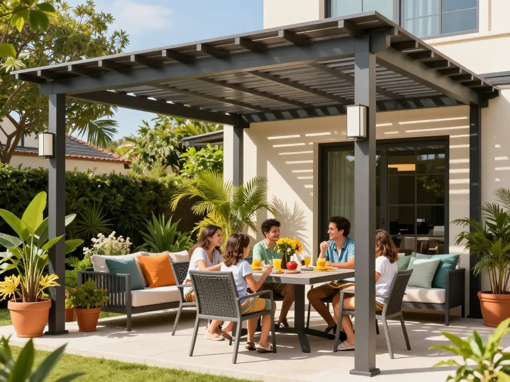 Famiglia vivace riunita sotto un elegante configuratore pergole 3D in un patio soleggiato.