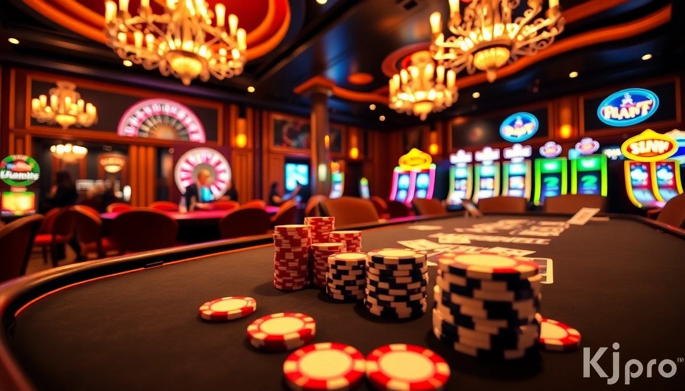 Engage in thrilling gameplay at https://kjc.pro/ with vibrant poker chips and a roulette wheel in a luxurious casino setting.