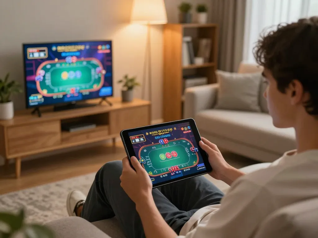 Enjoying online poker gameplay on a tablet, showcasing the immersive sx88 vom experience in a cozy setting