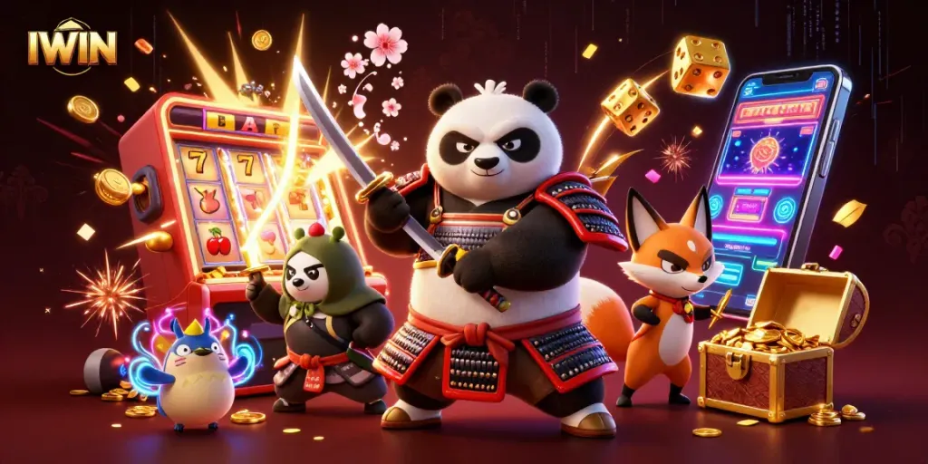 IWIN showcases a thrilling casino adventure with a samurai panda, ninja fox, and magical tanuki, bringing excitement to players.