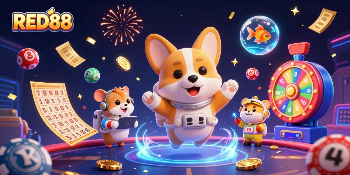 Experience thrilling gameplay at RED88 with games and colorful lottery elements in a vibrant casino scene.