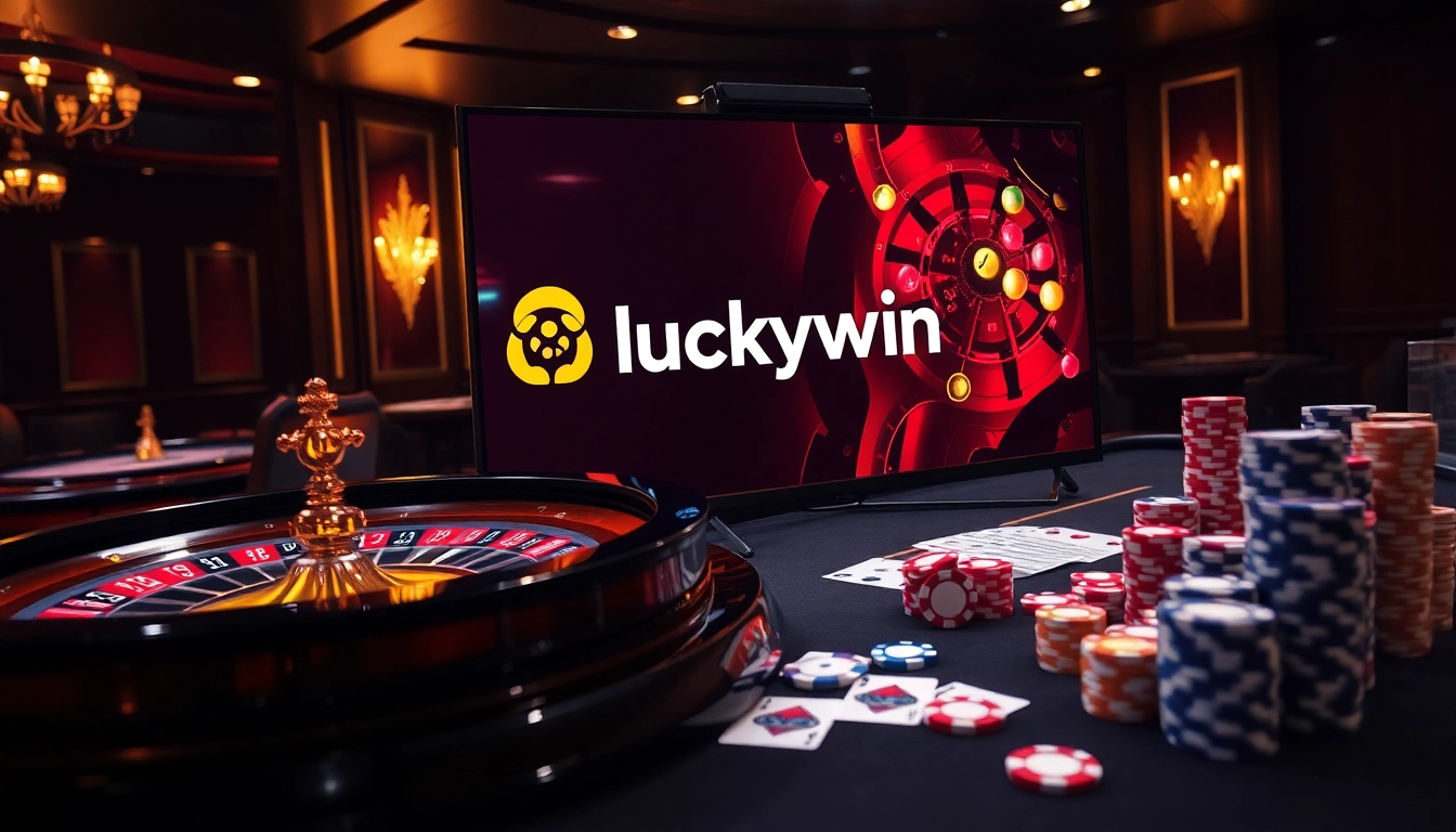 Experience the thrill of luckywin with vibrant casino gaming visuals, including poker and roulette.