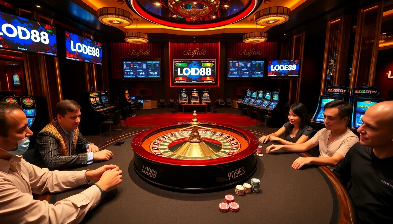 Exciting LODE88 casino scene featuring a vibrant roulette wheel and animated poker players.
