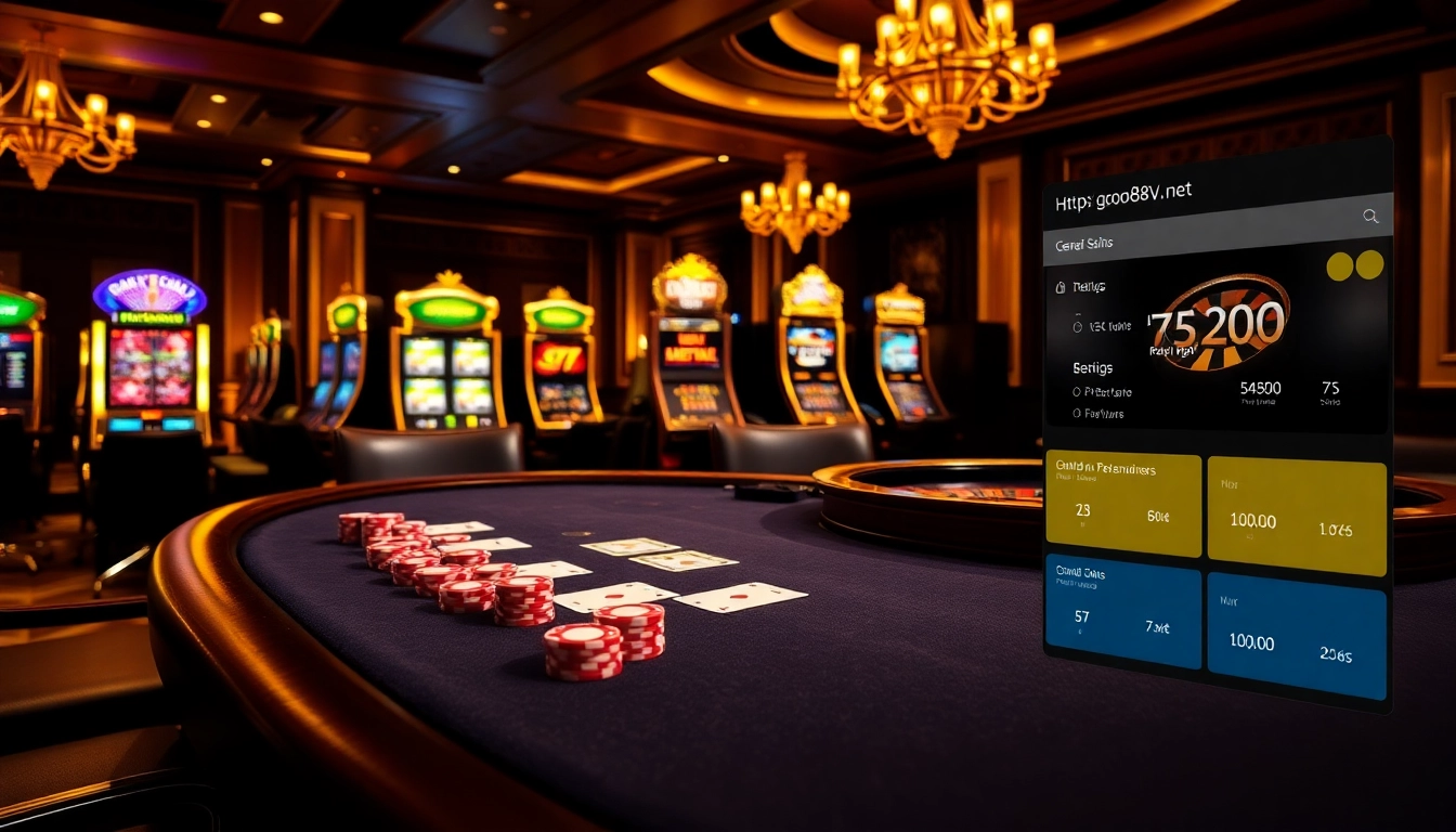 Engage in thrilling gameplay at https://good88v.net/ with poker chips and a vibrant casino table.