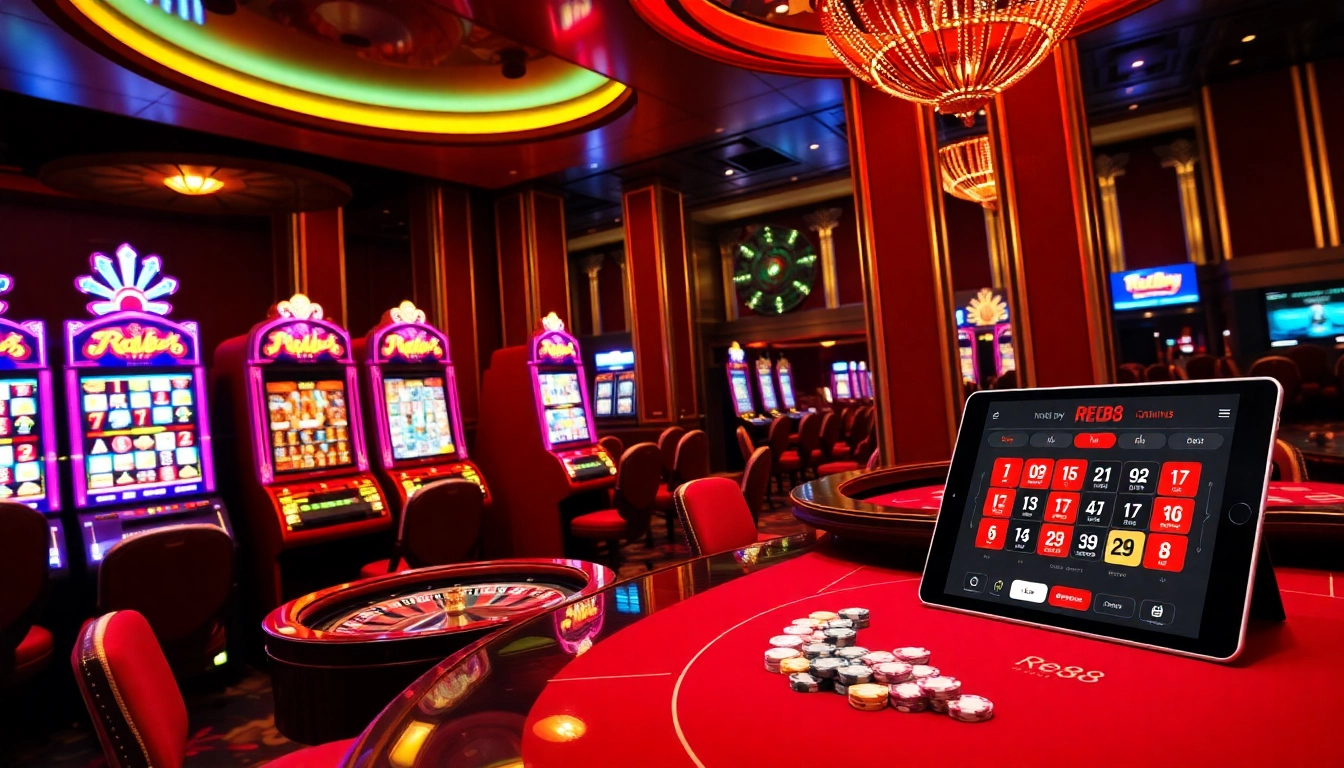 Experience the excitement of RED88 casino with vibrant slot machines and a spinning roulette wheel.
