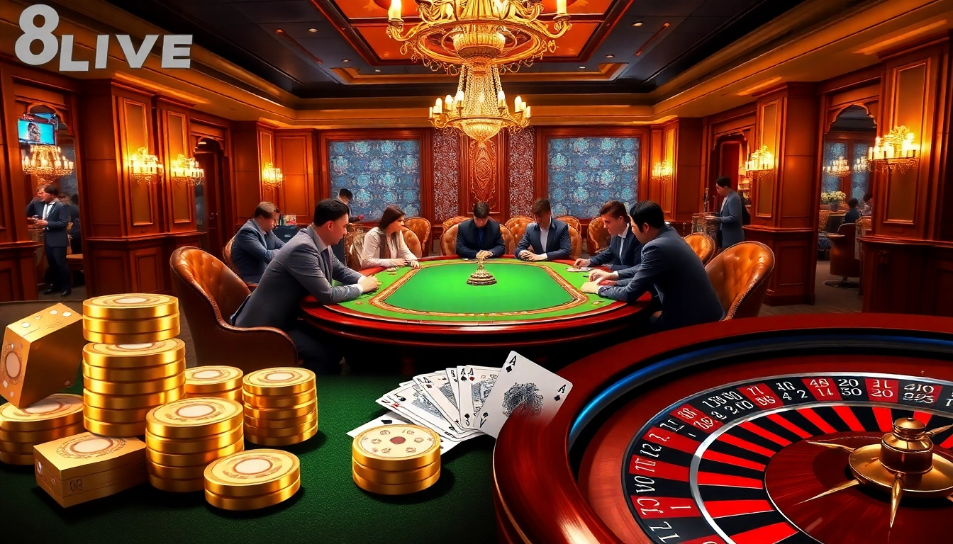 Players competing at the poker table in an elegant 8LIVE casino setting, highlighting excitement and luxury.
