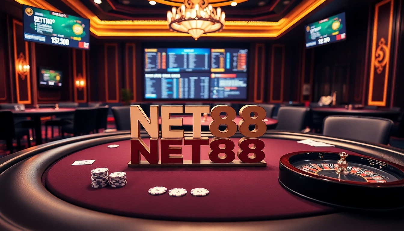 NET88 poker table scene showcasing high-stakes gameplay with cards and chips.