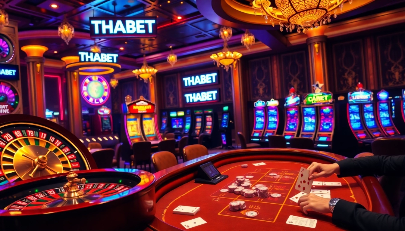 Exciting gambling scene featuring THABET branding with roulette wheels and poker chips.