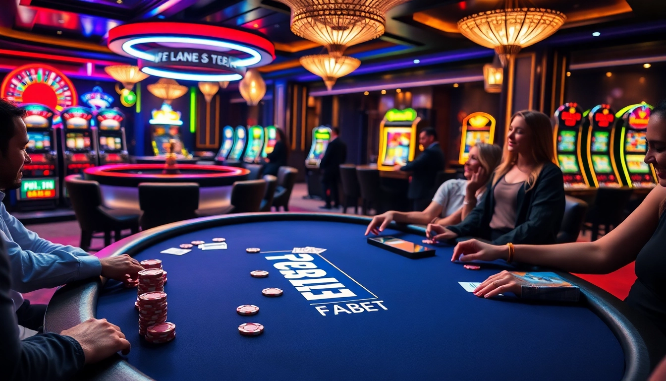 FABET poker table filled with chips and engaged players in a vibrant casino setting.