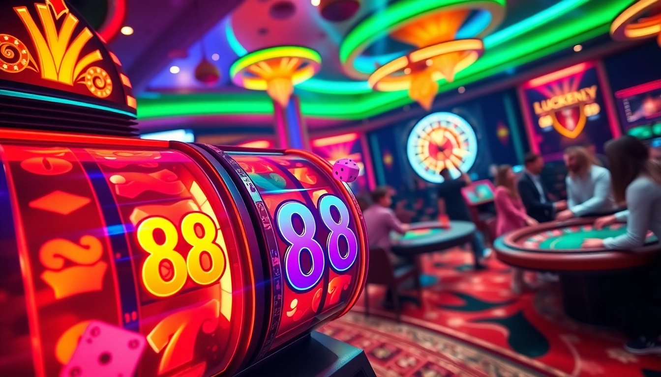 Experience excitement at the Lucky 88 slot with vibrant casino visuals filled with joy and winning.