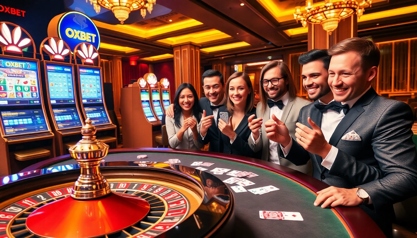 Experience the thrill of OXBET at a luxurious casino with vibrant gaming tables and exciting roulette.