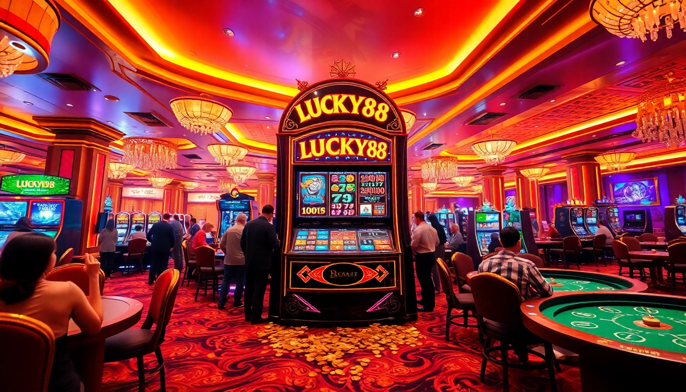 Players enjoying a thrilling session on the LUCKY88 slot machine amidst a vibrant casino setting.