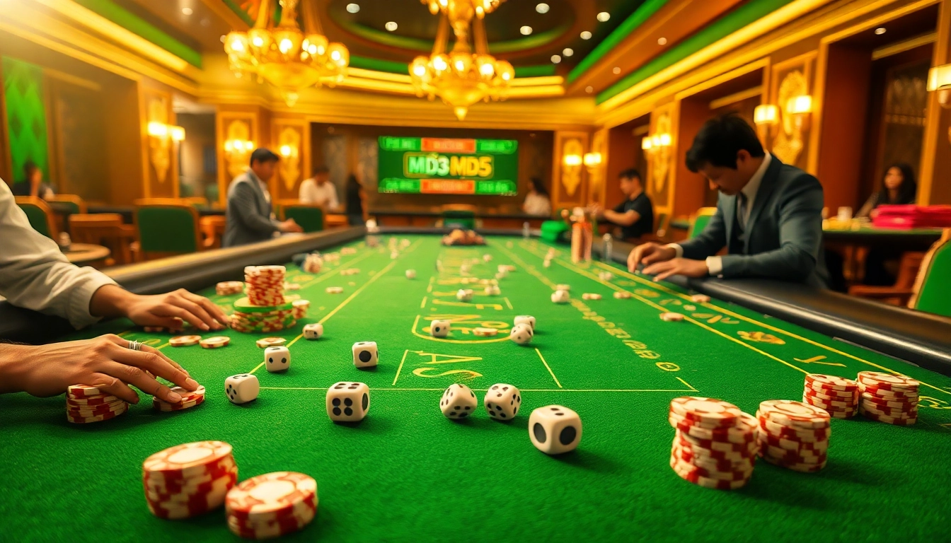 Tài xỉu md5 gameplay featuring a vibrant casino table with dice and chips.