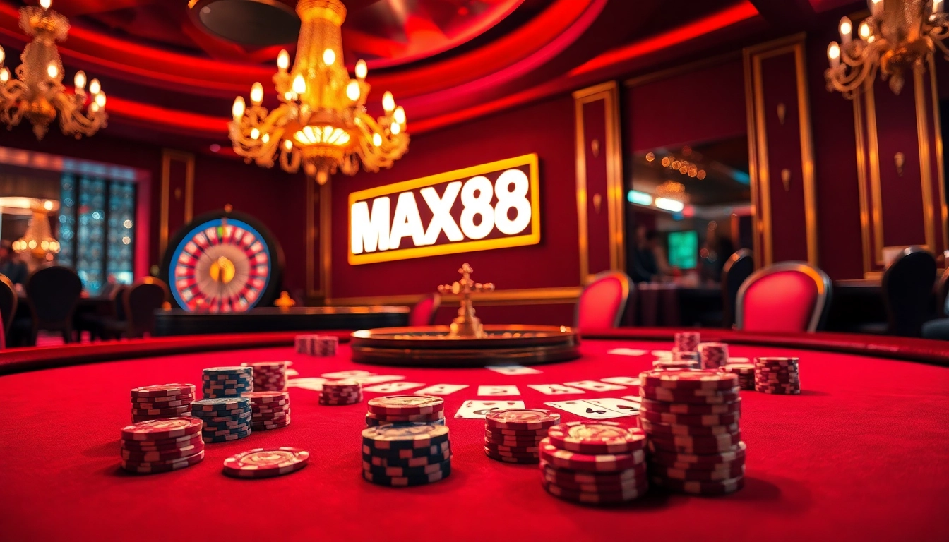 Engage with MAX88 excitement at a luxurious poker table filled with vibrant casino elements.