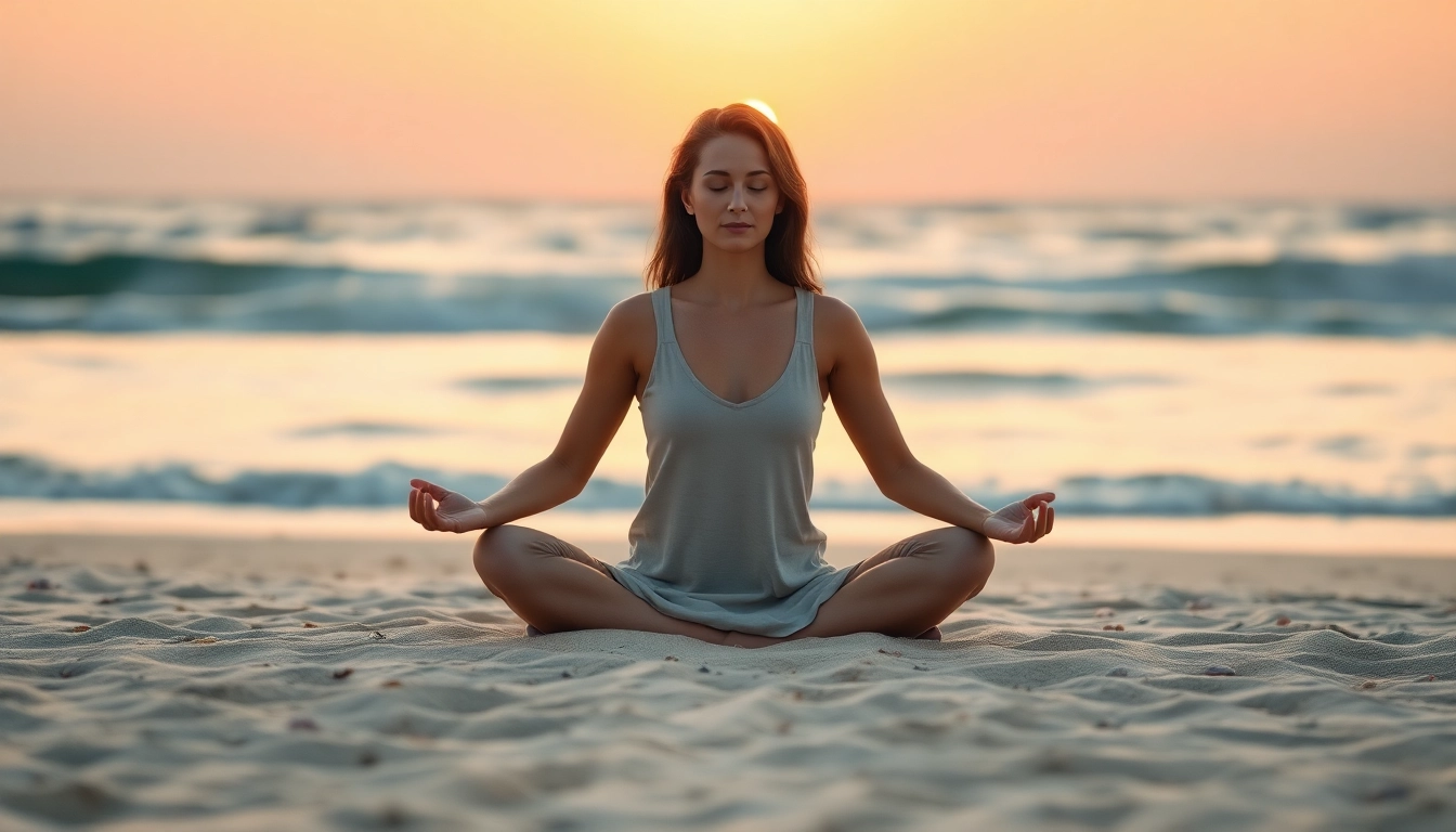 Woman meditating on a beach at sunset, embodying serenity to combat stress and anxiety.