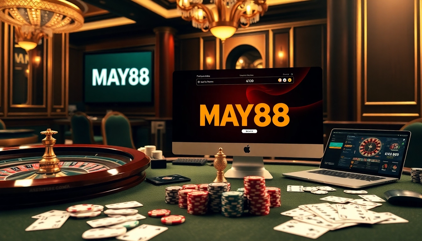 MAY88 platform showcasing an elegant casino table with poker chips and cards, inviting gamers to join.