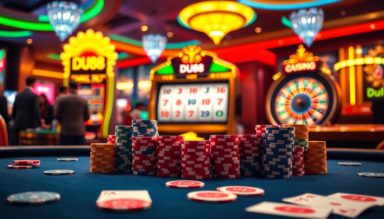 Experience the thrill of online gambling with DU88's vibrant casino scene filled with poker chips and slot machines.