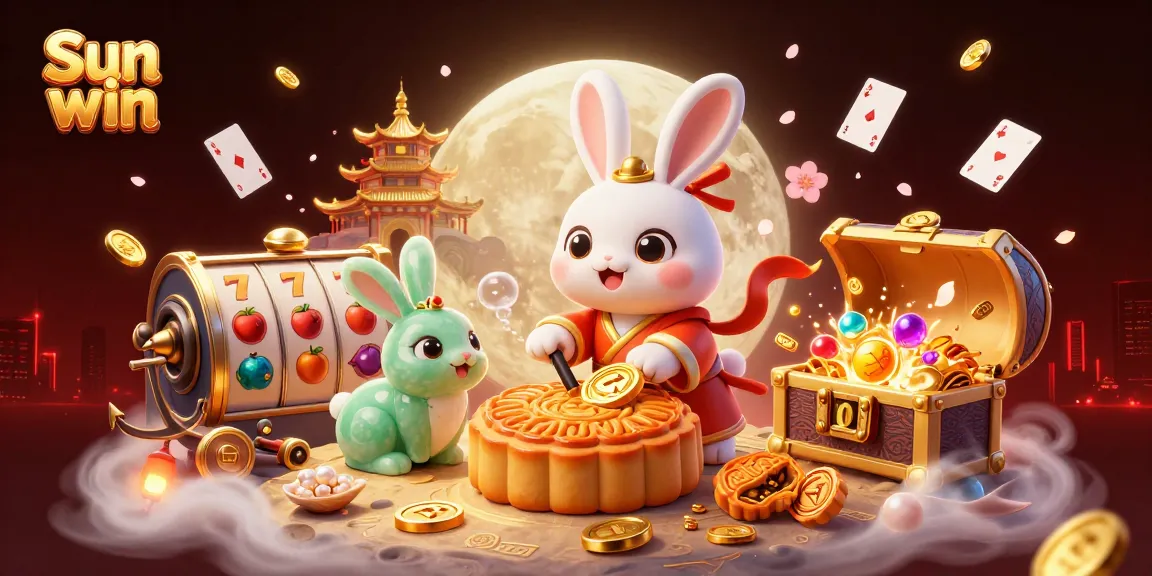 Engage with Sun win's exciting gameplay featuring moon rabbits and vibrant slot elements in a dazzling casino scene.