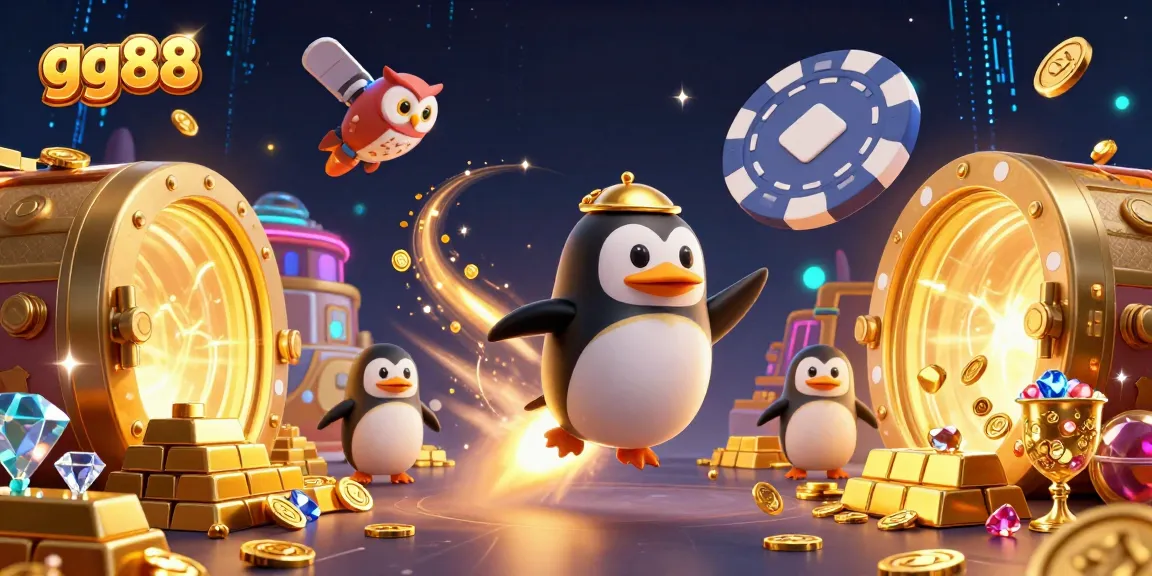 Experience the excitement of gg88 with a golden penguin launching toward a casino space station, surrounded by treasures.