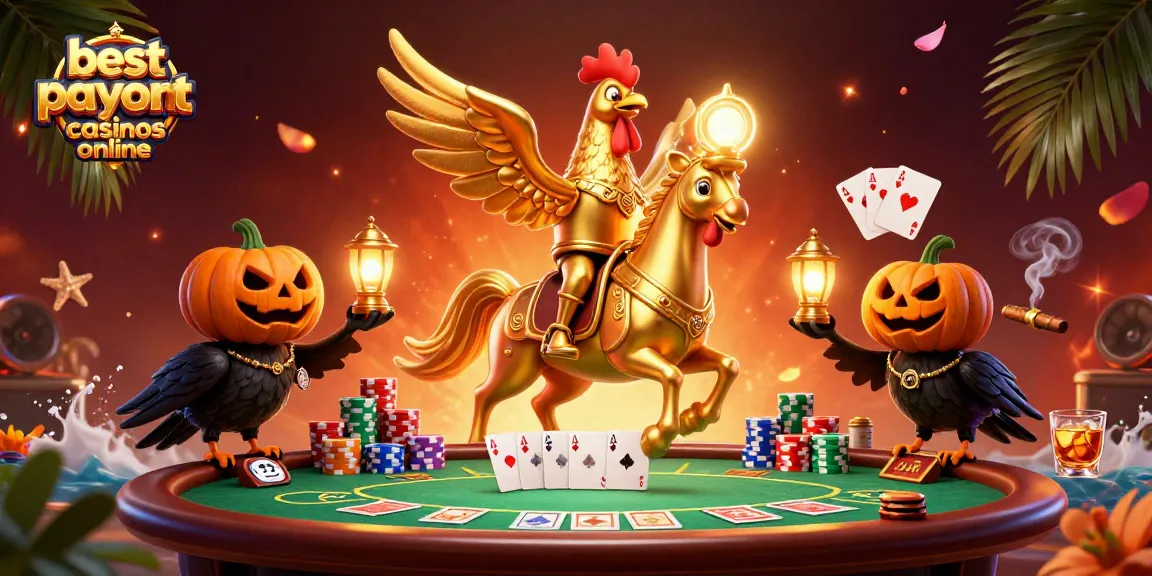 Showcase the best payout casinos online with a dynamic casino scene featuring whimsical characters and vibrant game elements.