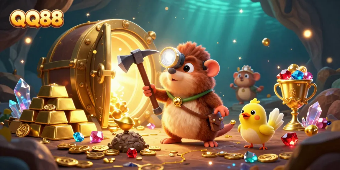 Experience thrilling gameplay with QQ88 as the treasure hunter mole discovers hidden gems in a vibrant casino scene.