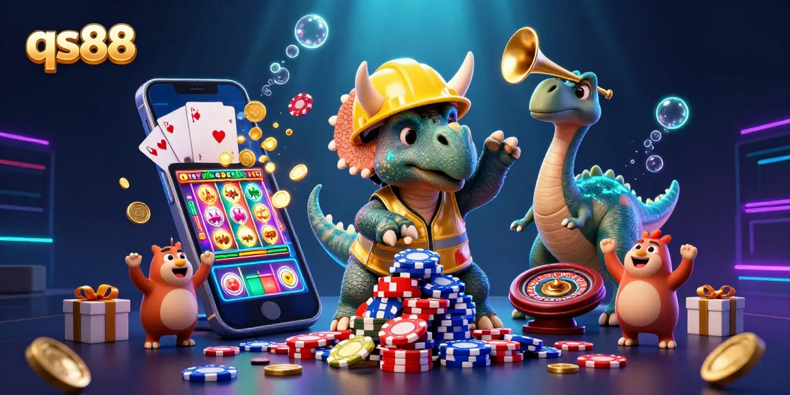 qs88 engages players with a lively casino scene featuring vibrant slot games, poker chips, and interactive characters.
