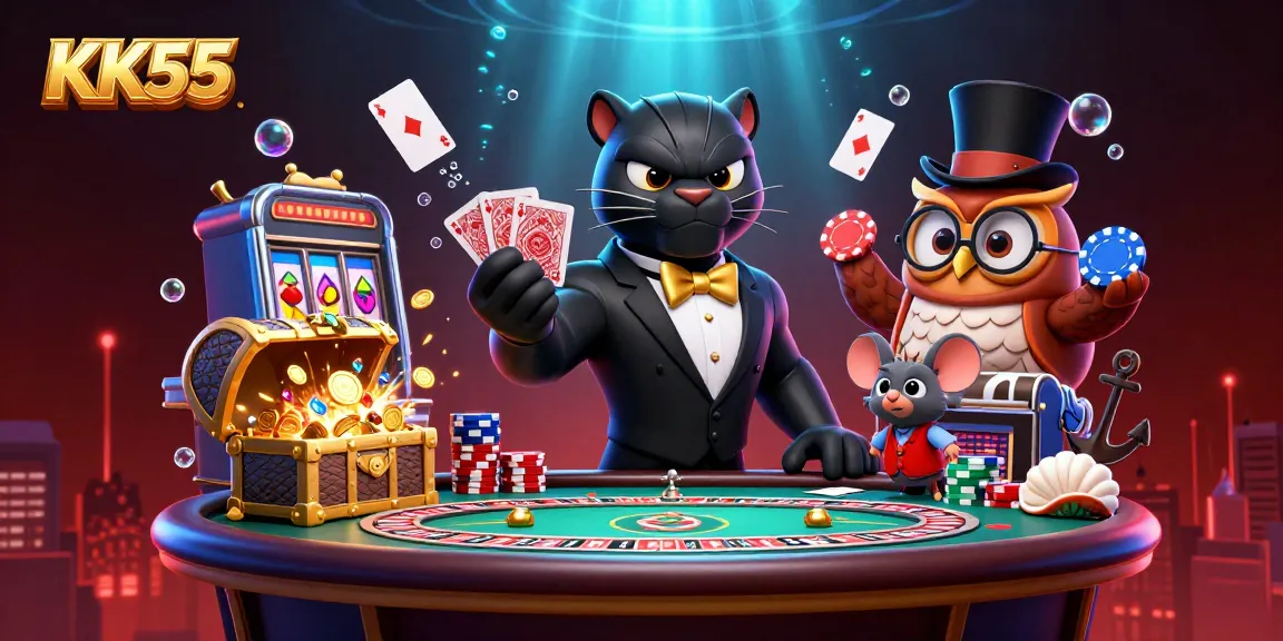 Experience exciting gameplay at KK55 with our vibrant 3D casino illustration showcasing thrilling card dealing and poker action.