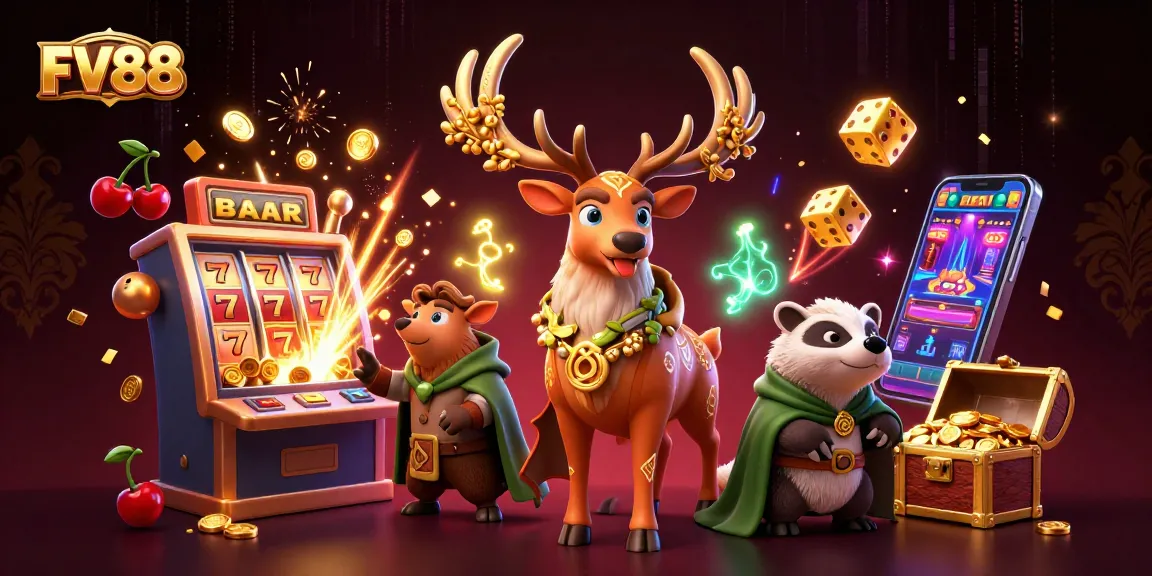 Join the excitement at FV88 as lucky symbols and treasures explode in a thrilling casino scene.