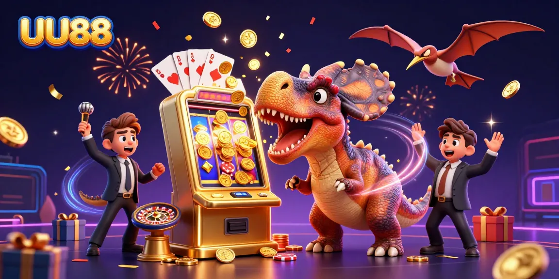 UU88 slot machine illustration with dinosaur and casino elements exploding with golden coins.