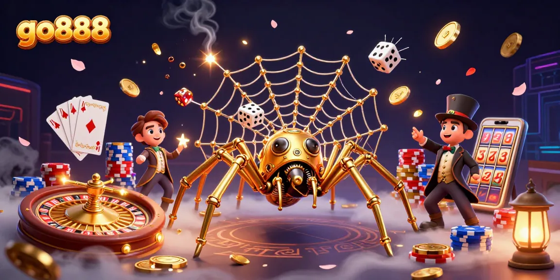 Experience thrilling wins at go888 with golden spider and poker chip charm.