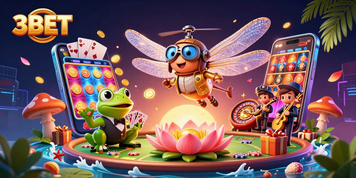 Experience thrilling casino action at 3BET with a vibrant, dynamic illustration featuring game elements.