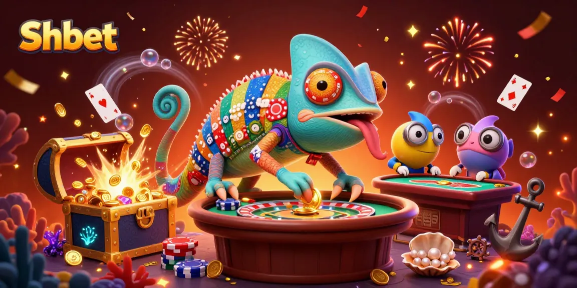Experience the excitement with Shbet, where a chameleon casino owner captures golden coins in style.