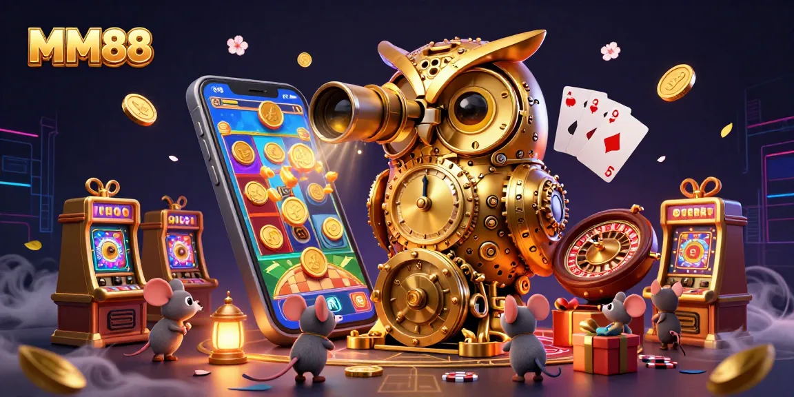Experience the excitement at MM88, where a playful golden owl oversees vibrant casino games.
