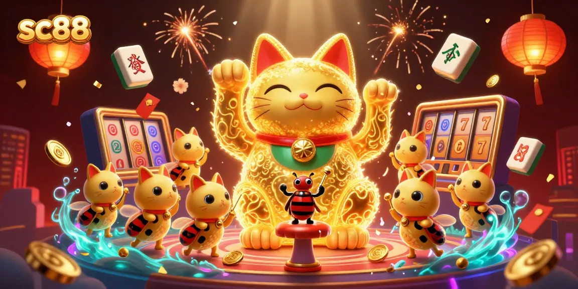 Experience sc88's vibrant casino scene with a lucky cat, animated fireflies, and floating symbols.
