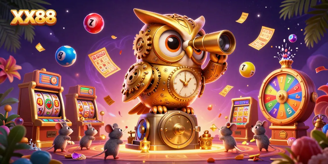 Engage with the vibrant world of XX88, where golden owls and bustling patrons bring the casino to life, surrounded by dynamic gaming elements.
