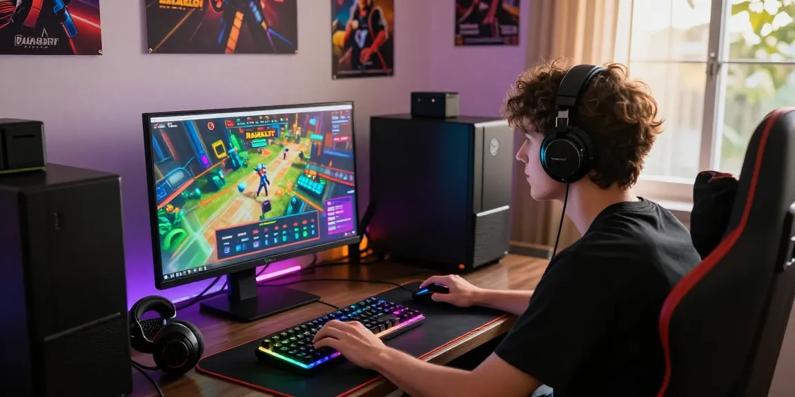 Rajaslot 20: Pemain bermain di meja gaming modern dengan antusias, menikmati pengalaman bermain game online.