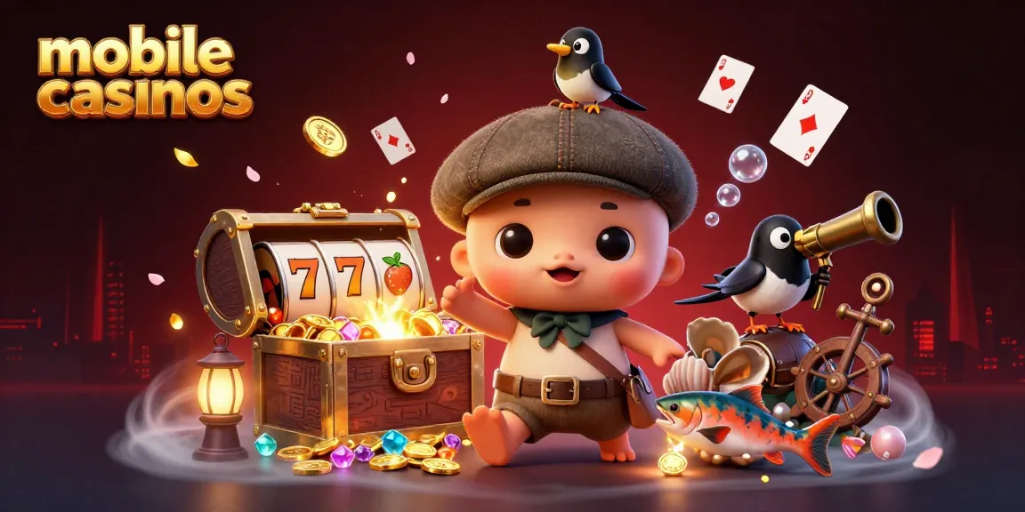 Engage with mobile casinos through a dynamic 3D scene showcasing playful characters and rich gaming elements.