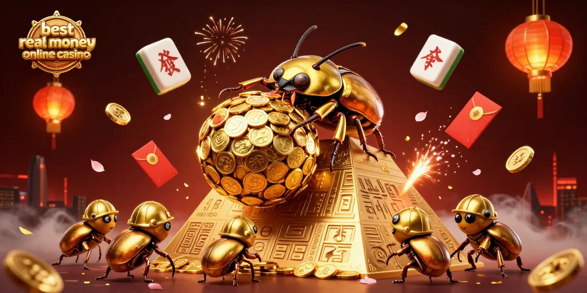 Experience the best real money online casino, joining a golden beetle and friends in a vibrant, action-packed scene.