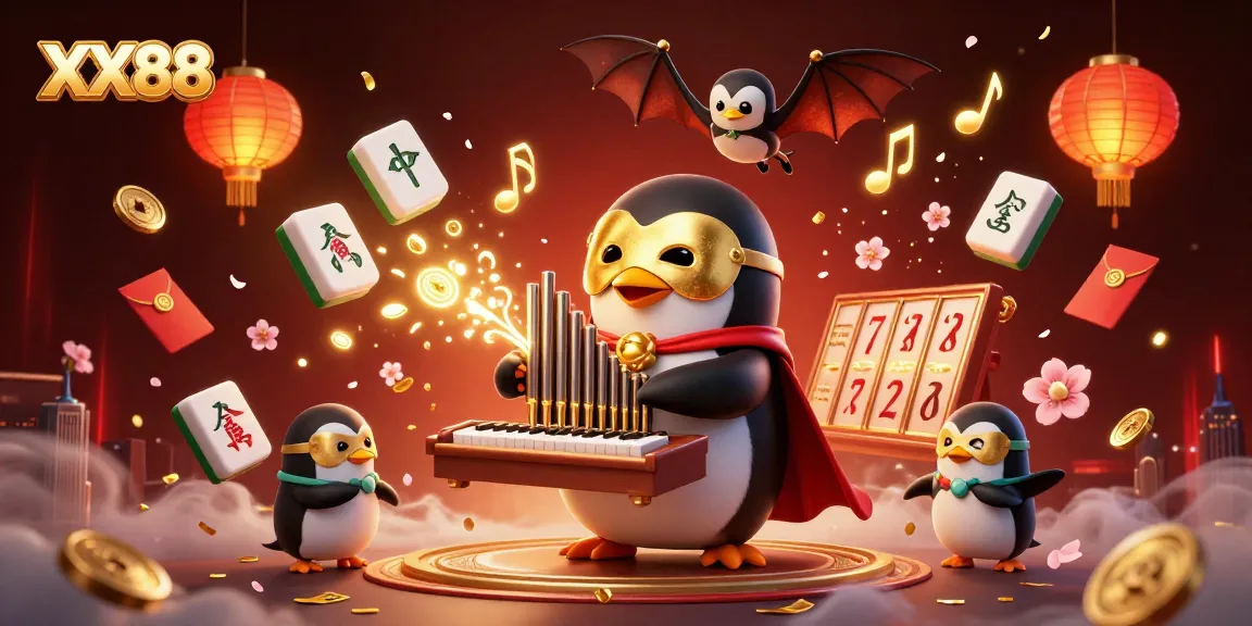 Experience thrilling gameplay at XX88 with a vibrant casino scene featuring a cartoon opera penguin.
